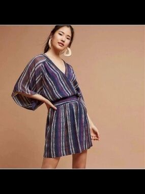 Anthropologie Mauve Striped V-Neck Short Dress in Multicolor. CN